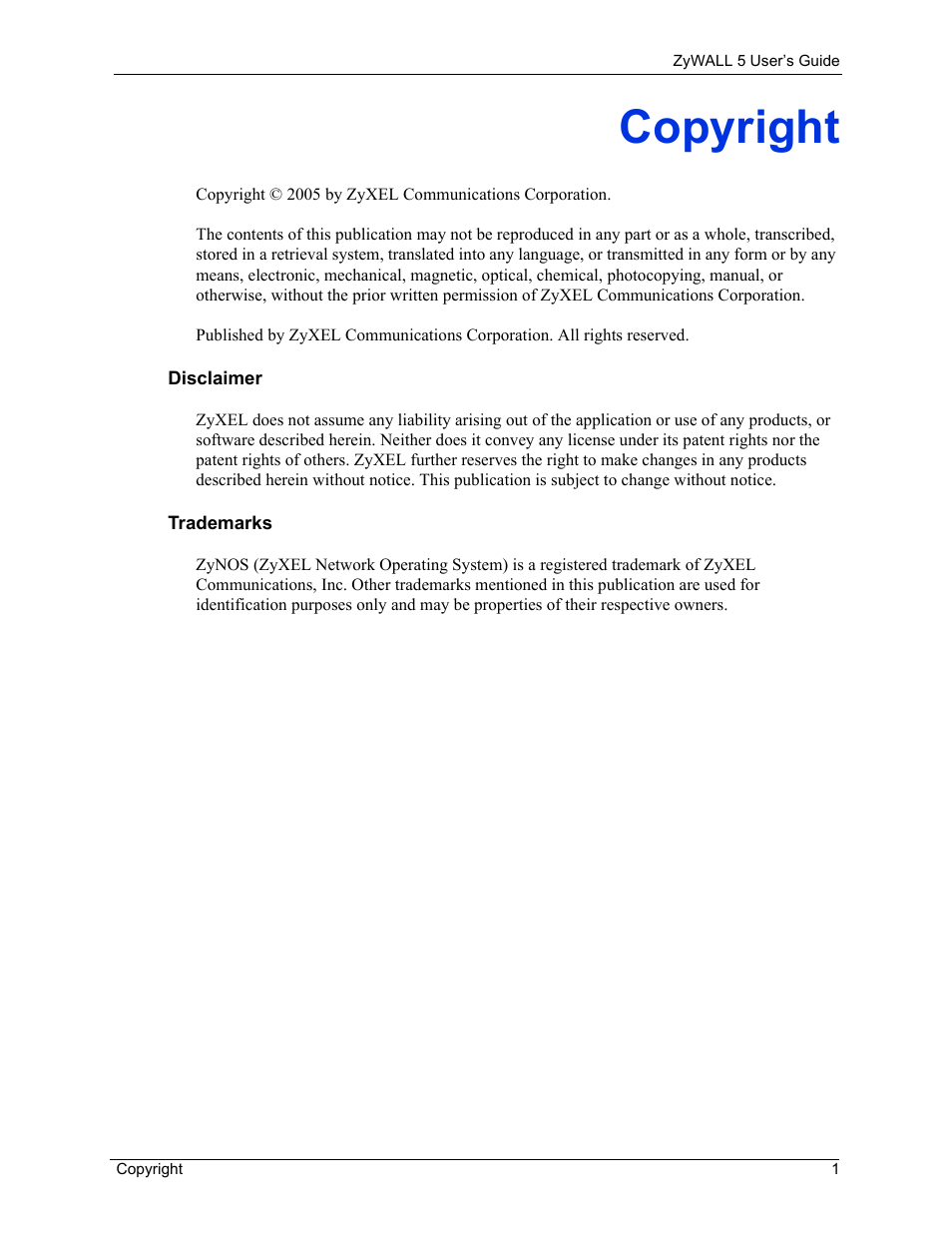 Copyright | ZyXEL Communications ZyXEL ZyWALL 5 User Manual | Page 2 / 667