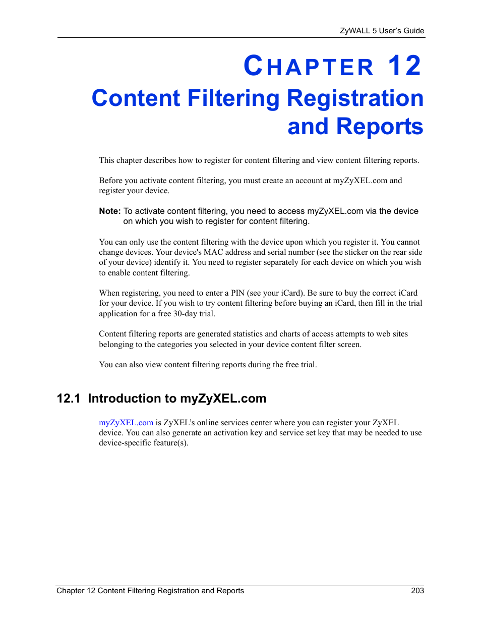 Content filtering registration and reports, 1 introduction to myzyxel.com | ZyXEL Communications ZyXEL ZyWALL 5 User Manual | Page 204 / 667