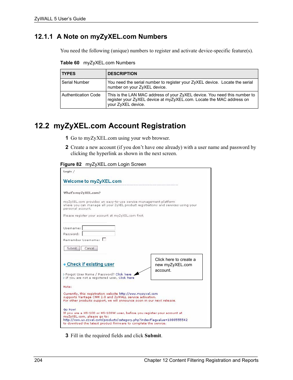 1 a note on myzyxel.com numbers, 2 myzyxel.com account registration, Figure 82 myzyxel.com login screen | Table 60 myzyxel.com numbers | ZyXEL Communications ZyXEL ZyWALL 5 User Manual | Page 205 / 667