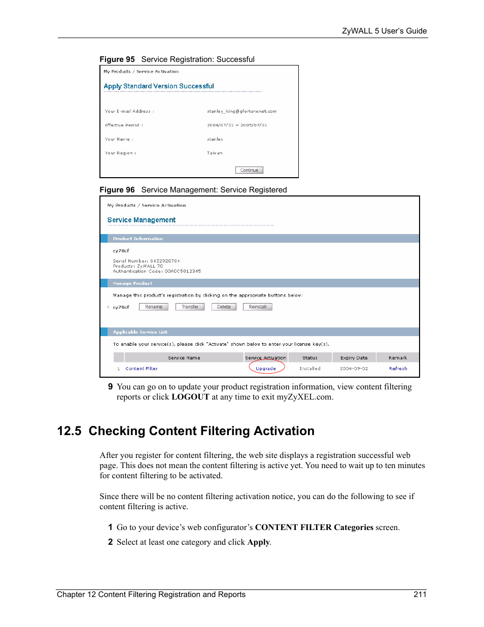 5 checking content filtering activation | ZyXEL Communications ZyXEL ZyWALL 5 User Manual | Page 212 / 667