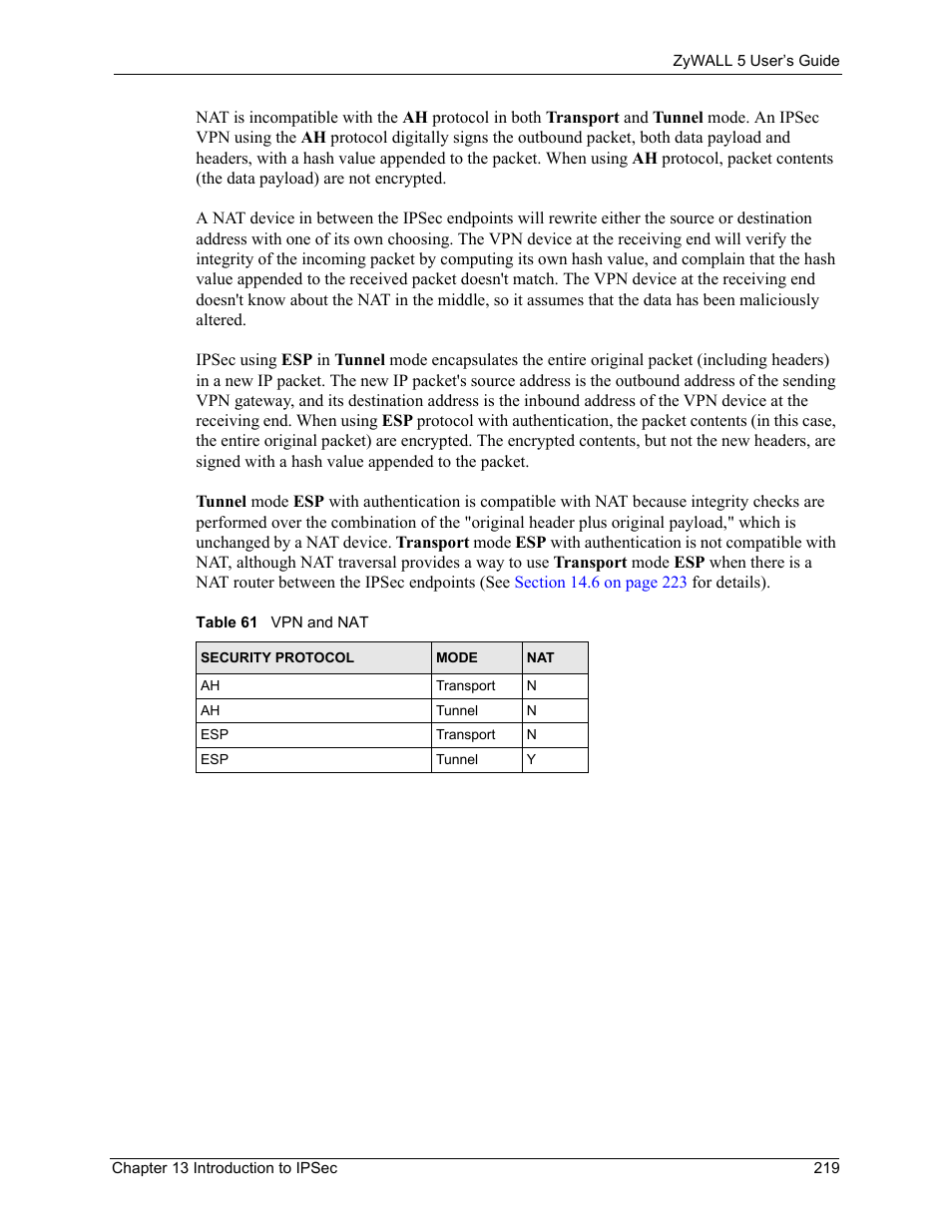 Table 61 vpn and nat | ZyXEL Communications ZyXEL ZyWALL 5 User Manual | Page 220 / 667