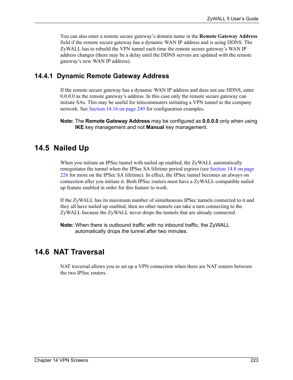 1 dynamic remote gateway address, 5 nailed up, 6 nat traversal | 5 nailed up 14.6 nat traversal | ZyXEL Communications ZyXEL ZyWALL 5 User Manual | Page 224 / 667