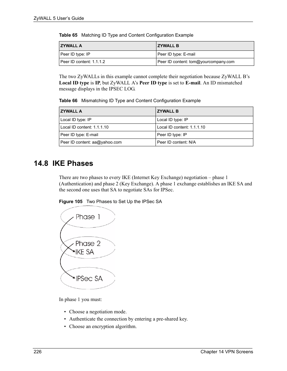 8 ike phases, Figure 105 two phases to set up the ipsec sa | ZyXEL Communications ZyXEL ZyWALL 5 User Manual | Page 227 / 667