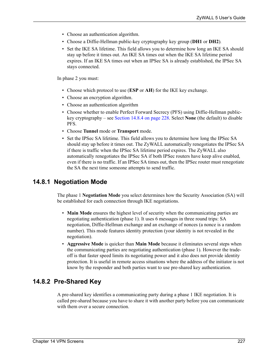 1 negotiation mode, 2 pre-shared key, 1 negotiation mode 14.8.2 pre-shared key | Ive negotiation mode (see | ZyXEL Communications ZyXEL ZyWALL 5 User Manual | Page 228 / 667