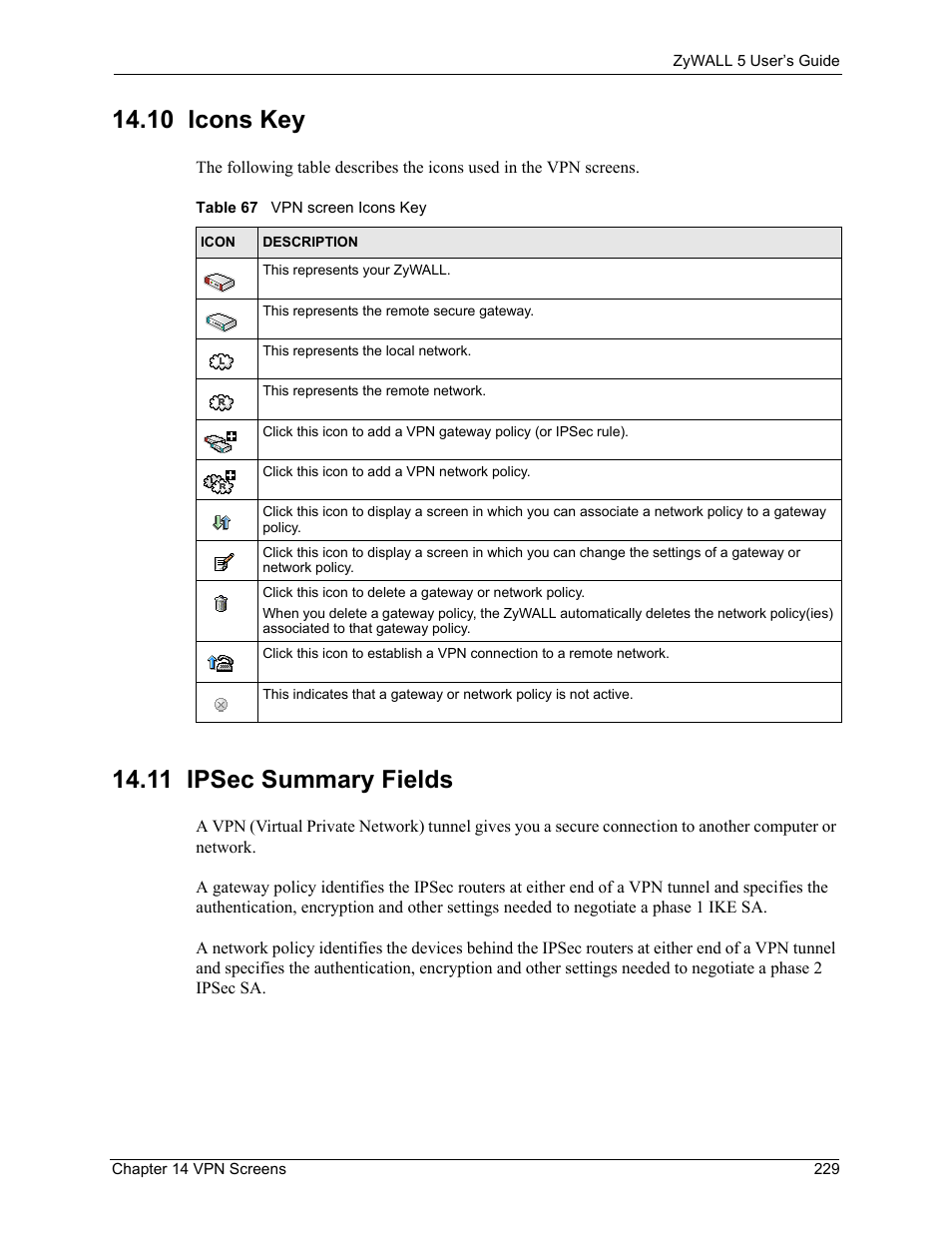 10 icons key, 11 ipsec summary fields, 10 icons key 14.11 ipsec summary fields | Table 67 vpn screen icons key | ZyXEL Communications ZyXEL ZyWALL 5 User Manual | Page 230 / 667