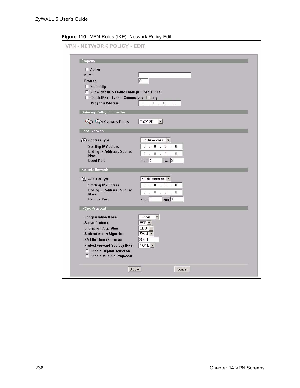 Figure 110 vpn rules (ike): network policy edit | ZyXEL Communications ZyXEL ZyWALL 5 User Manual | Page 239 / 667