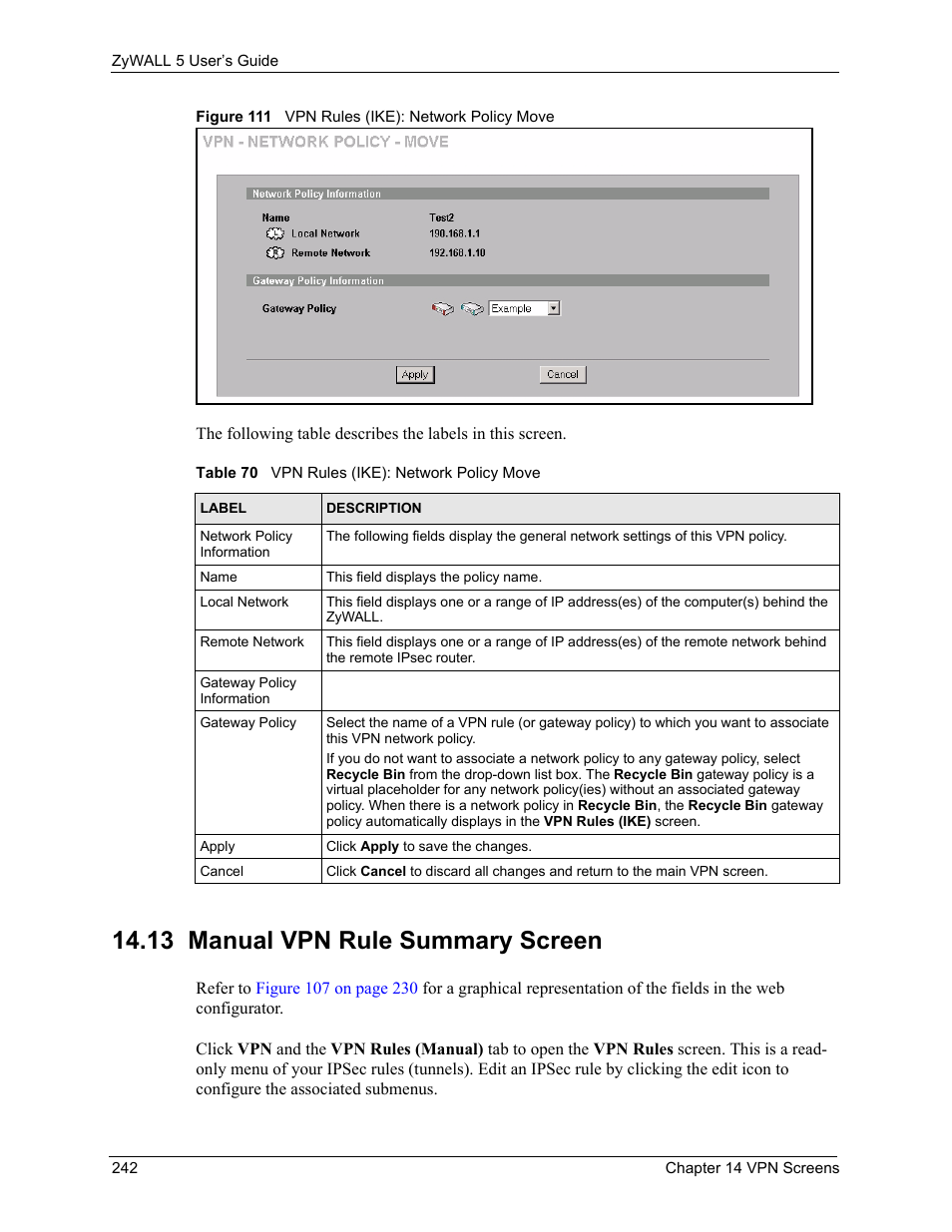 13 manual vpn rule summary screen, Figure 111 vpn rules (ike): network policy move, Table 70 vpn rules (ike): network policy move | ZyXEL Communications ZyXEL ZyWALL 5 User Manual | Page 243 / 667