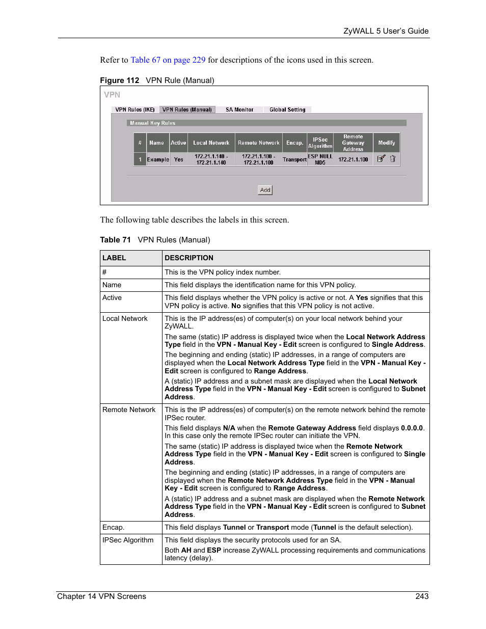 Figure 112 vpn rule (manual), Table 71 vpn rules (manual) | ZyXEL Communications ZyXEL ZyWALL 5 User Manual | Page 244 / 667