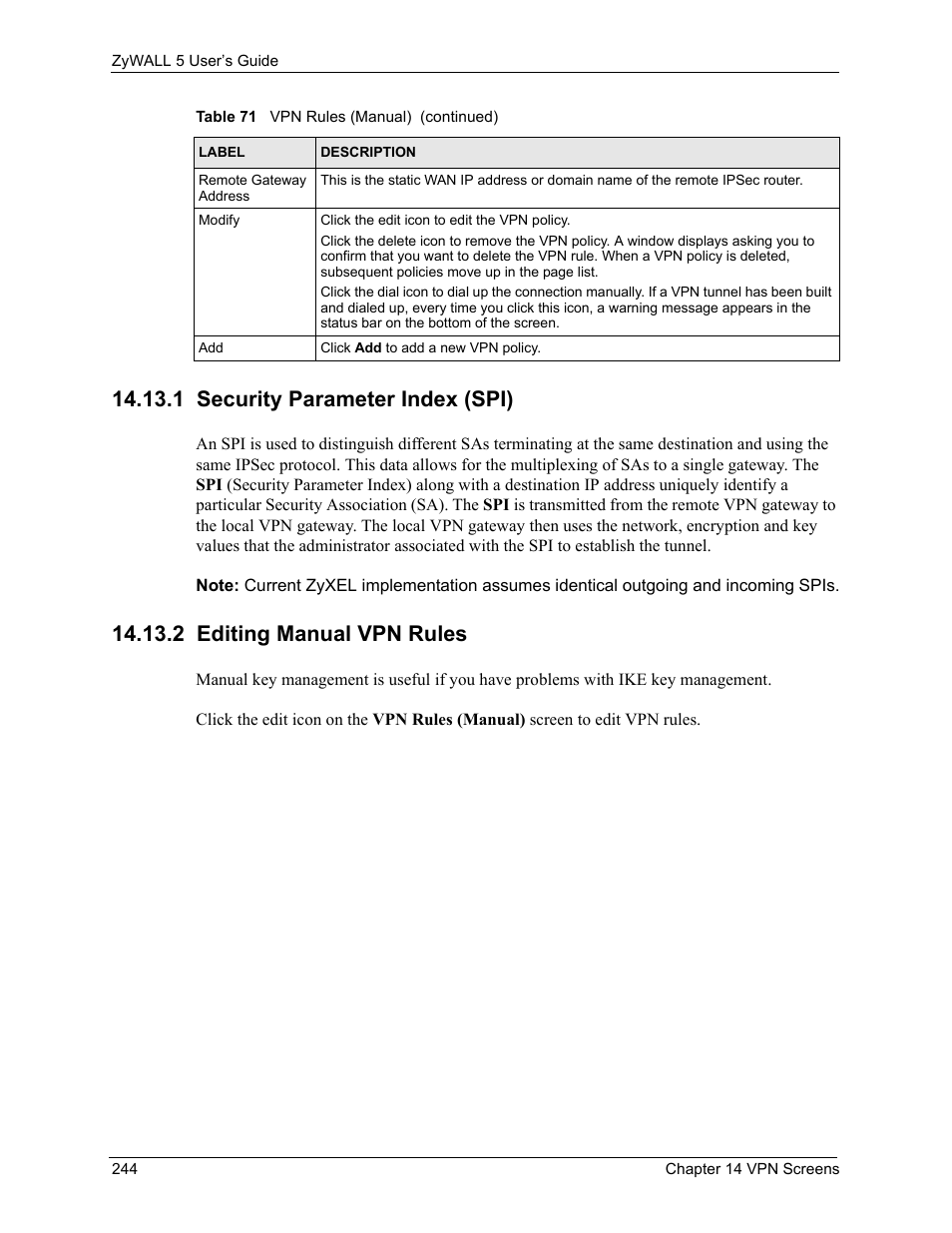 1 security parameter index (spi), 2 editing manual vpn rules | ZyXEL Communications ZyXEL ZyWALL 5 User Manual | Page 245 / 667