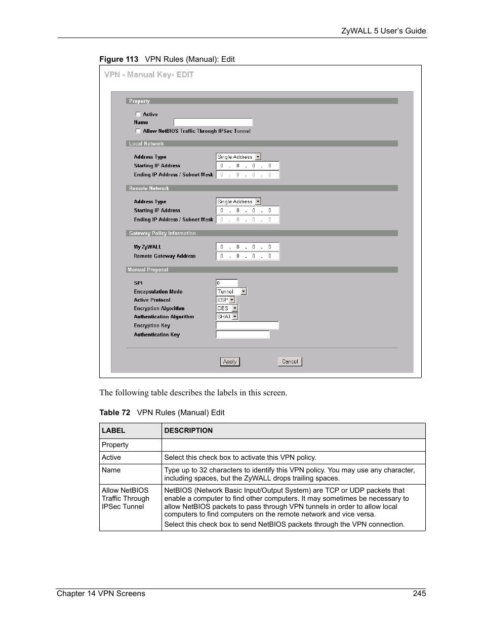 Figure 113 vpn rules (manual): edit, Table 72 vpn rules (manual) edit | ZyXEL Communications ZyXEL ZyWALL 5 User Manual | Page 246 / 667