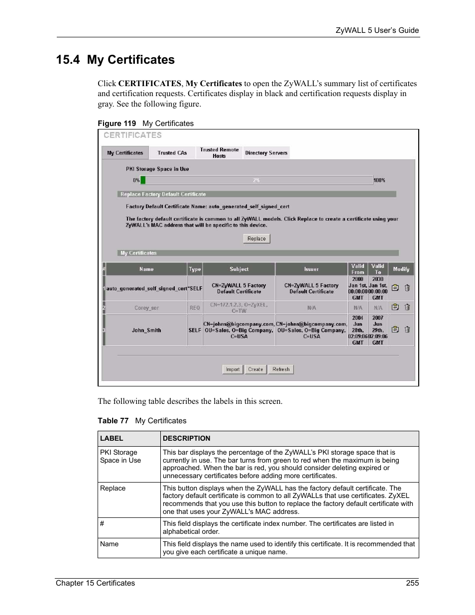 4 my certificates, Figure 119 my certificates, Table 77 my certificates | ZyXEL Communications ZyXEL ZyWALL 5 User Manual | Page 256 / 667