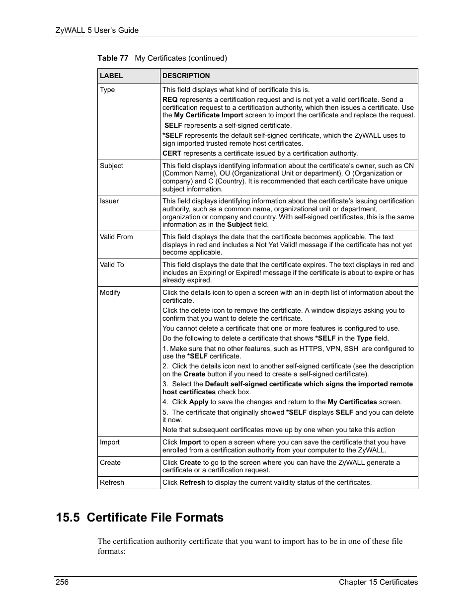 5 certificate file formats | ZyXEL Communications ZyXEL ZyWALL 5 User Manual | Page 257 / 667