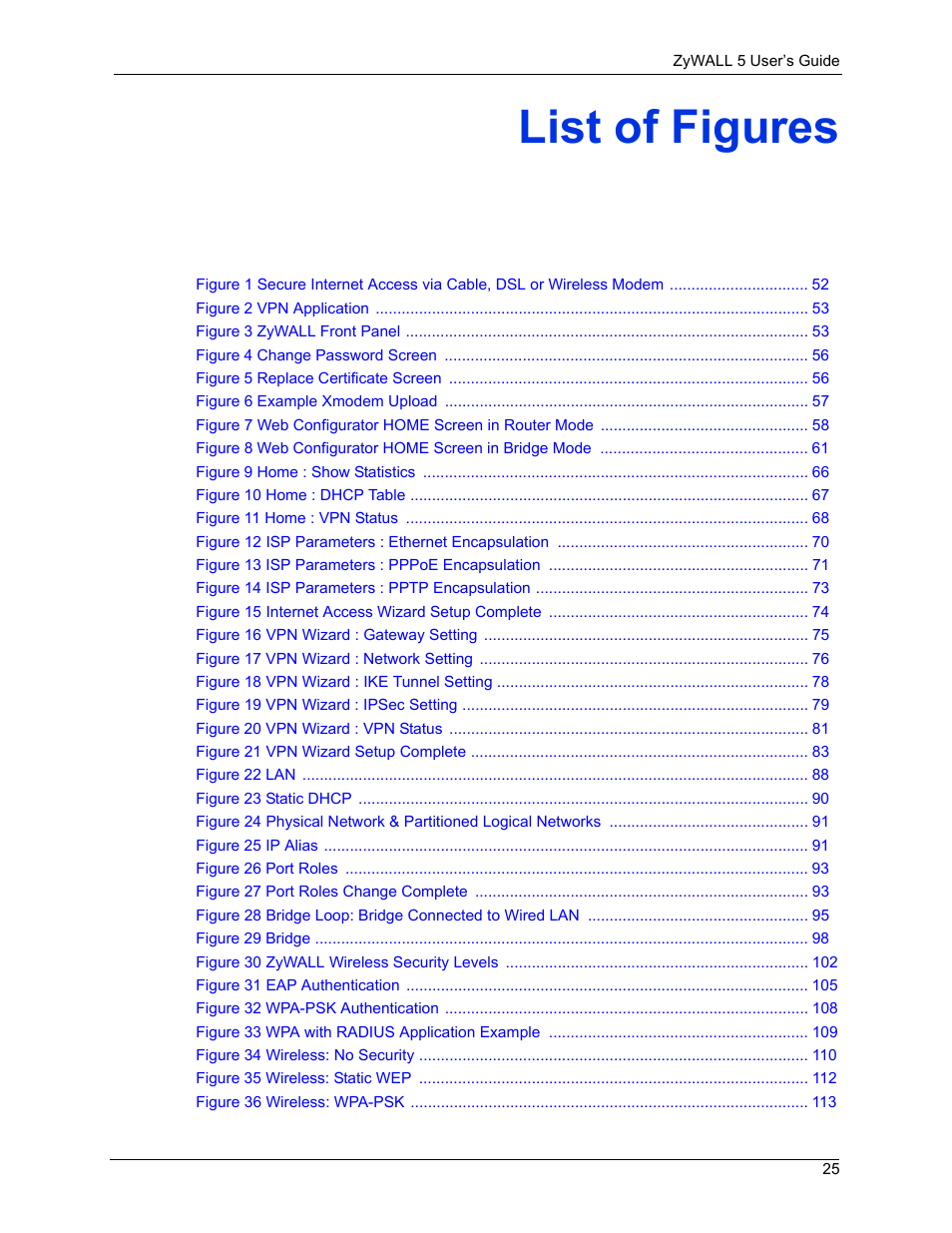 List of figures | ZyXEL Communications ZyXEL ZyWALL 5 User Manual | Page 26 / 667