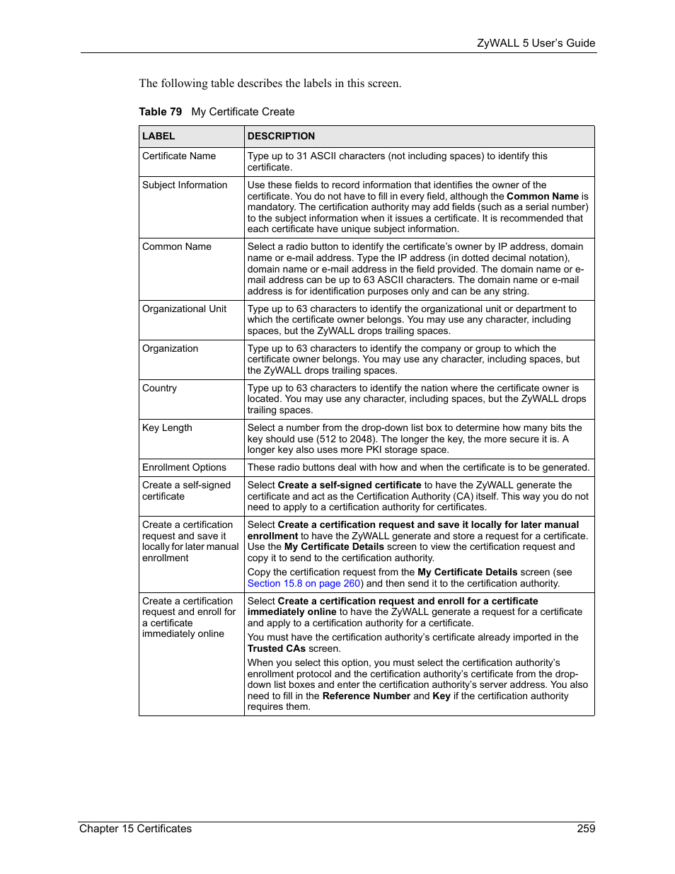 Table 79 my certificate create | ZyXEL Communications ZyXEL ZyWALL 5 User Manual | Page 260 / 667