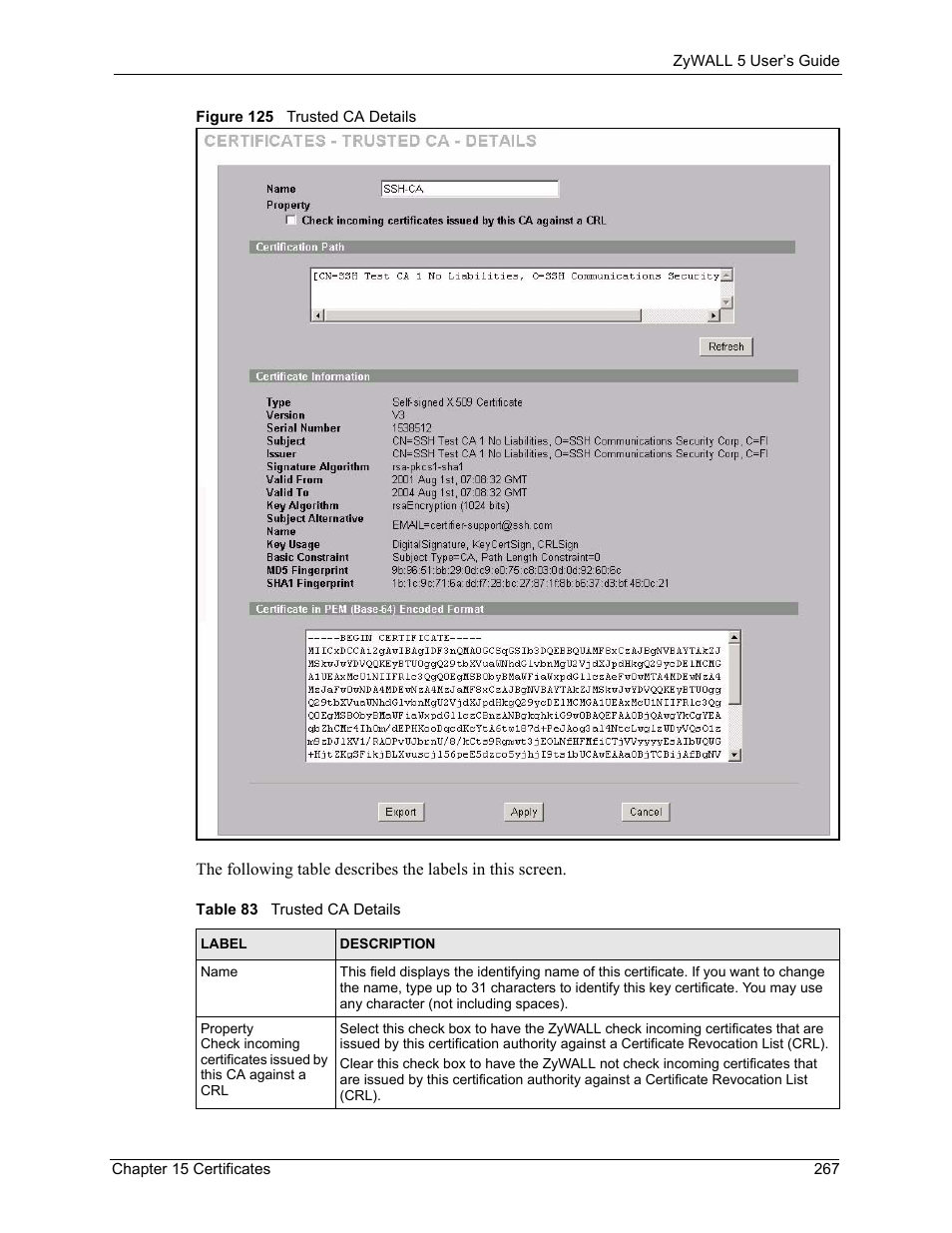 Figure 125 trusted ca details, Table 83 trusted ca details | ZyXEL Communications ZyXEL ZyWALL 5 User Manual | Page 268 / 667