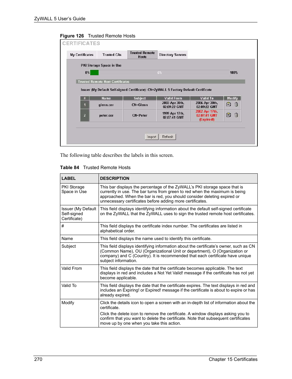 Figure 126 trusted remote hosts, Table 84 trusted remote hosts | ZyXEL Communications ZyXEL ZyWALL 5 User Manual | Page 271 / 667