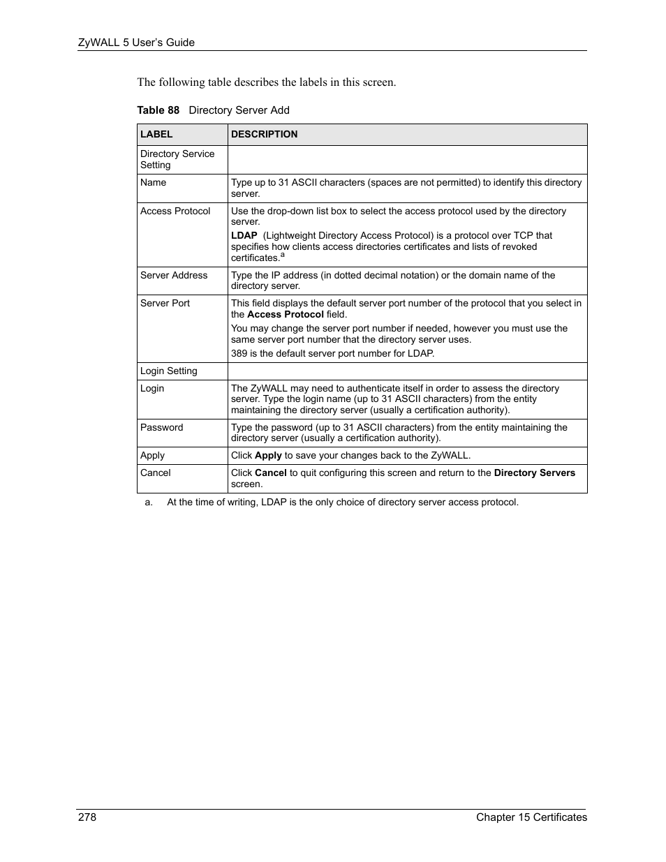Table 88 directory server add | ZyXEL Communications ZyXEL ZyWALL 5 User Manual | Page 279 / 667