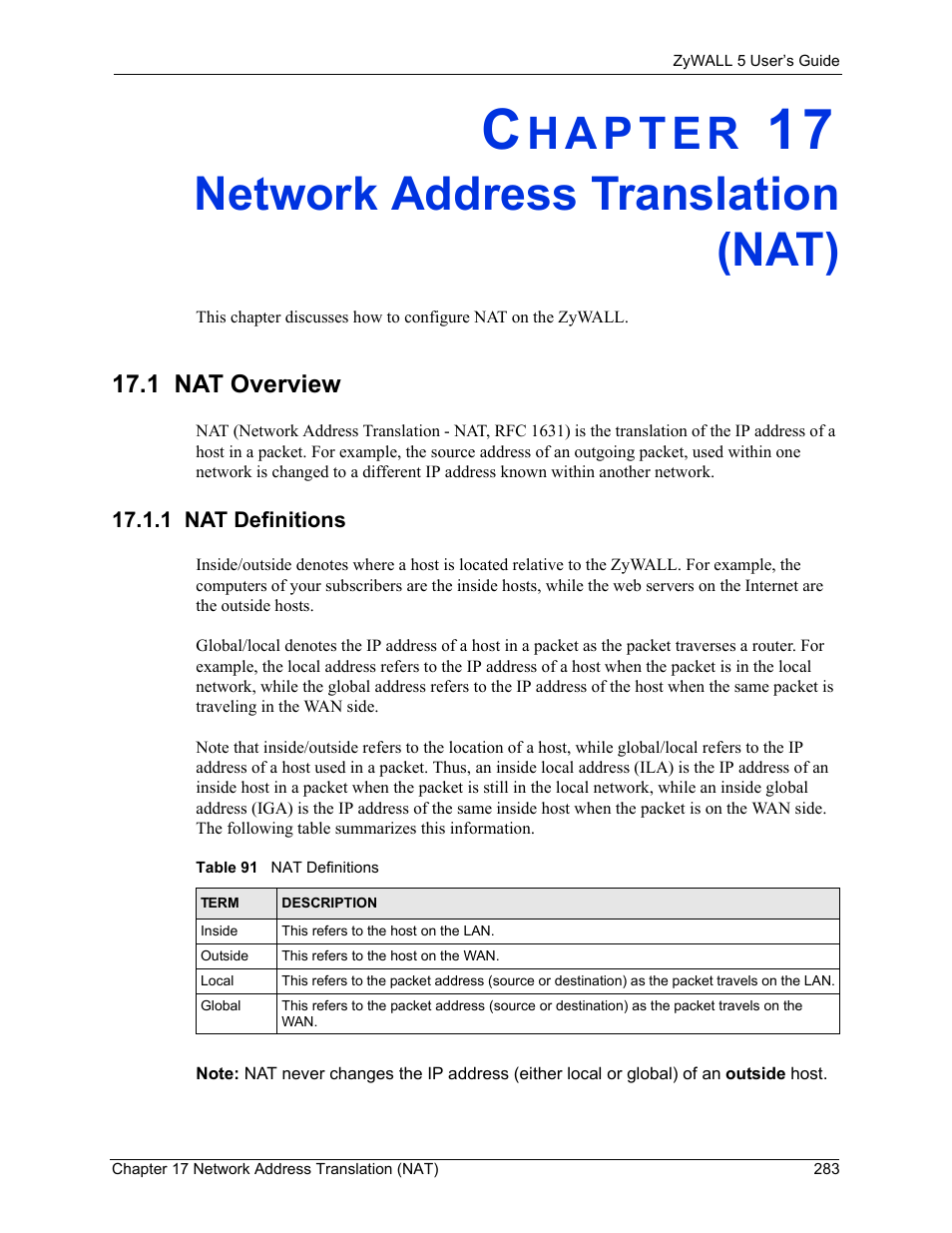Network address translation (nat), 1 nat overview, 1 nat definitions | Chapter 17 network address translation (nat), Table 91 nat definitions, Ions (see | ZyXEL Communications ZyXEL ZyWALL 5 User Manual | Page 284 / 667