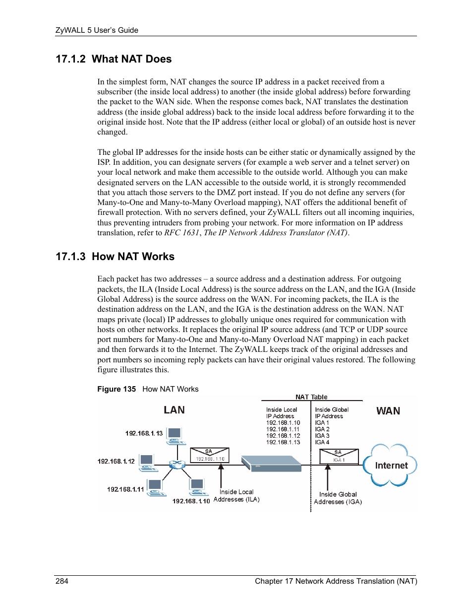 2 what nat does, 3 how nat works, 2 what nat does 17.1.3 how nat works | Figure 135 how nat works | ZyXEL Communications ZyXEL ZyWALL 5 User Manual | Page 285 / 667