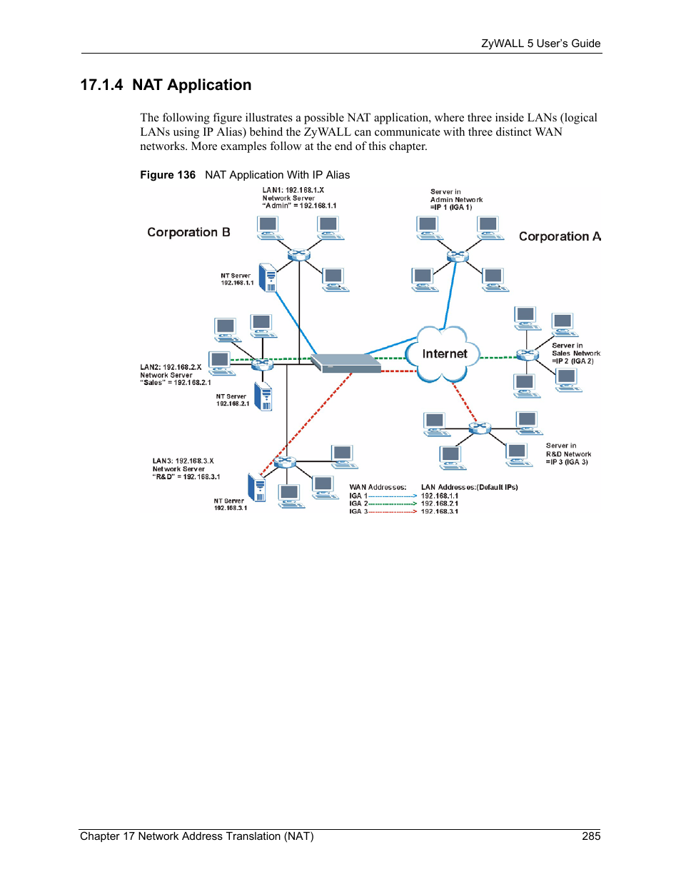 4 nat application, Figure 136 nat application with ip alias | ZyXEL Communications ZyXEL ZyWALL 5 User Manual | Page 286 / 667