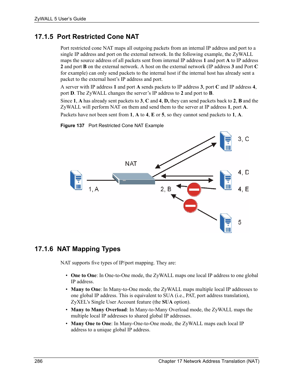 5 port restricted cone nat, 6 nat mapping types, Figure 137 port restricted cone nat example | ZyXEL Communications ZyXEL ZyWALL 5 User Manual | Page 287 / 667