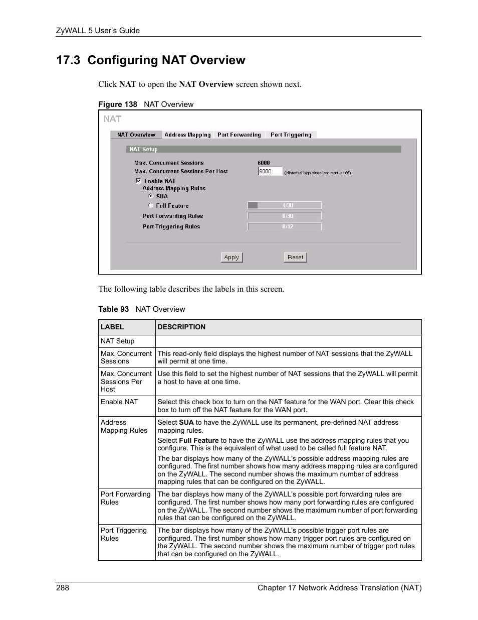 3 configuring nat overview, Figure 138 nat overview, Table 93 nat overview | ZyXEL Communications ZyXEL ZyWALL 5 User Manual | Page 289 / 667