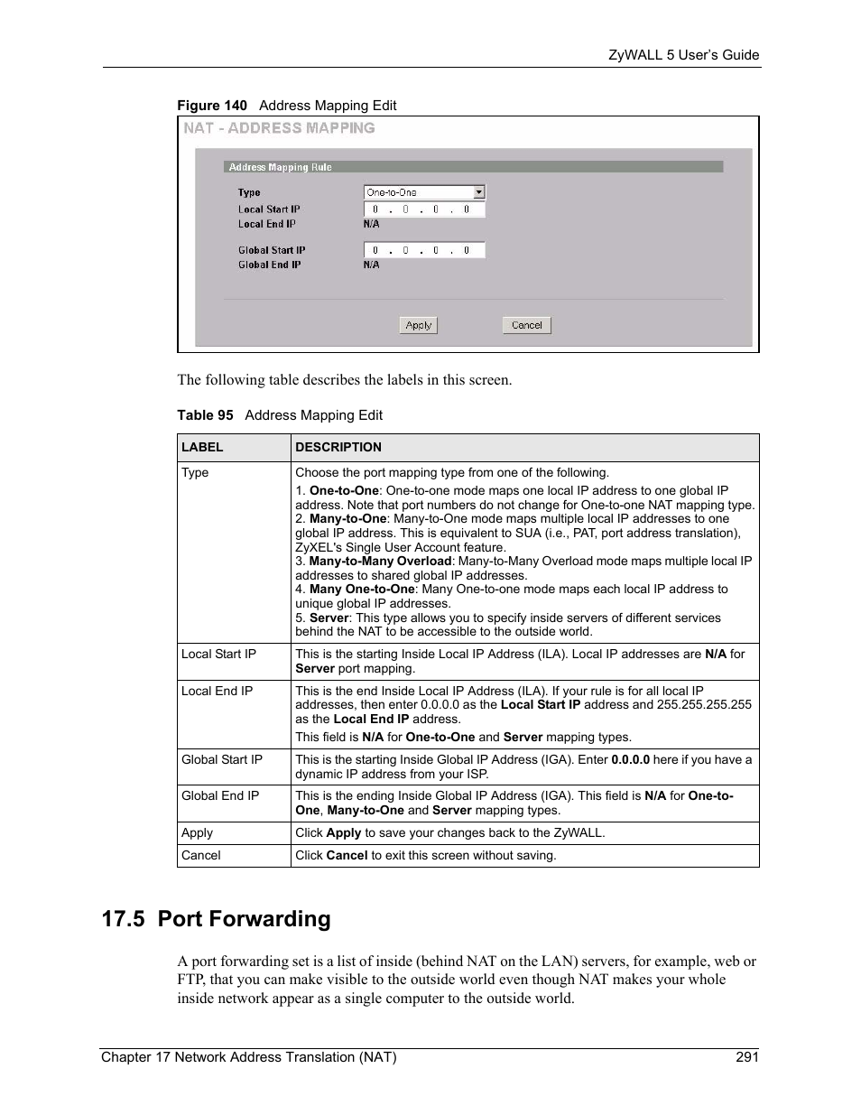 5 port forwarding, Figure 140 address mapping edit, Table 95 address mapping edit | ZyXEL Communications ZyXEL ZyWALL 5 User Manual | Page 292 / 667