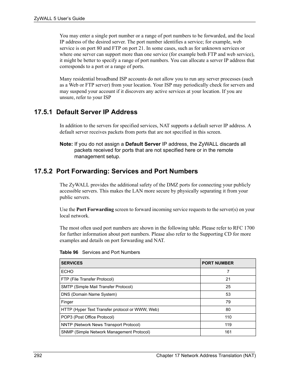 1 default server ip address, 2 port forwarding: services and port numbers, Table 96 services and port numbers | ZyXEL Communications ZyXEL ZyWALL 5 User Manual | Page 293 / 667