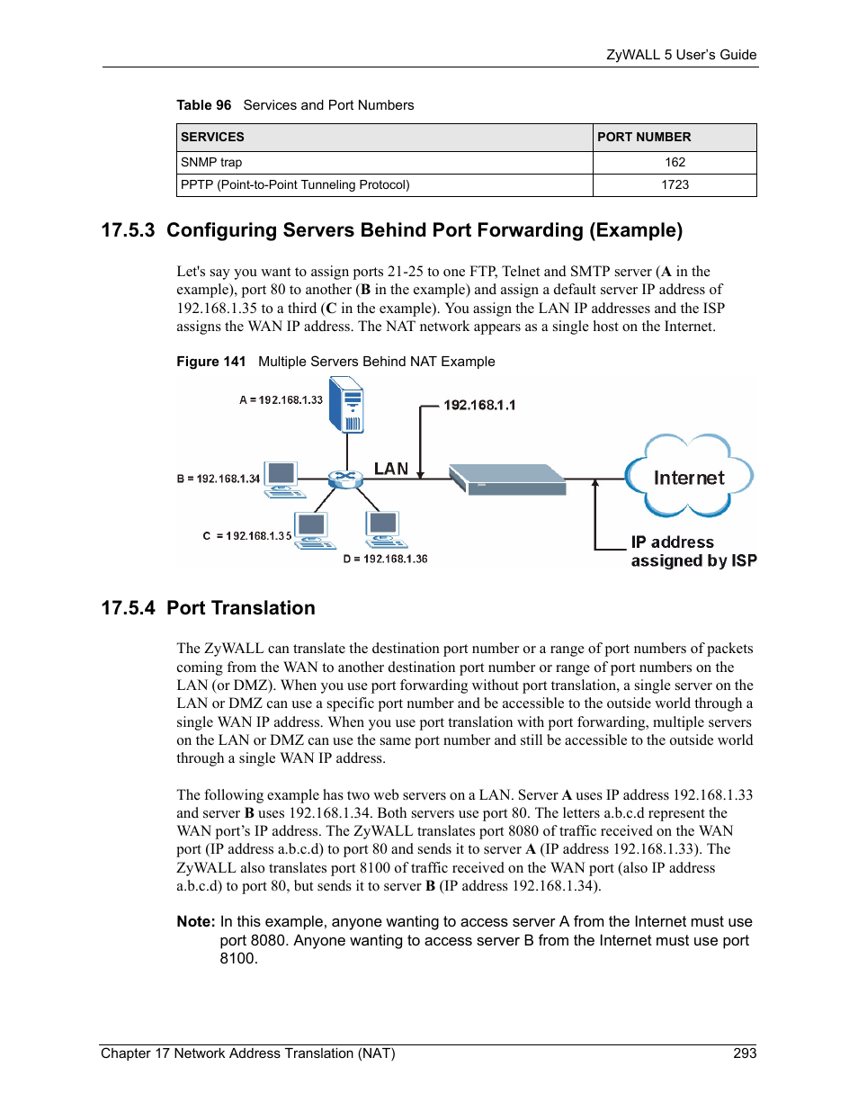 4 port translation, Figure 141 multiple servers behind nat example | ZyXEL Communications ZyXEL ZyWALL 5 User Manual | Page 294 / 667