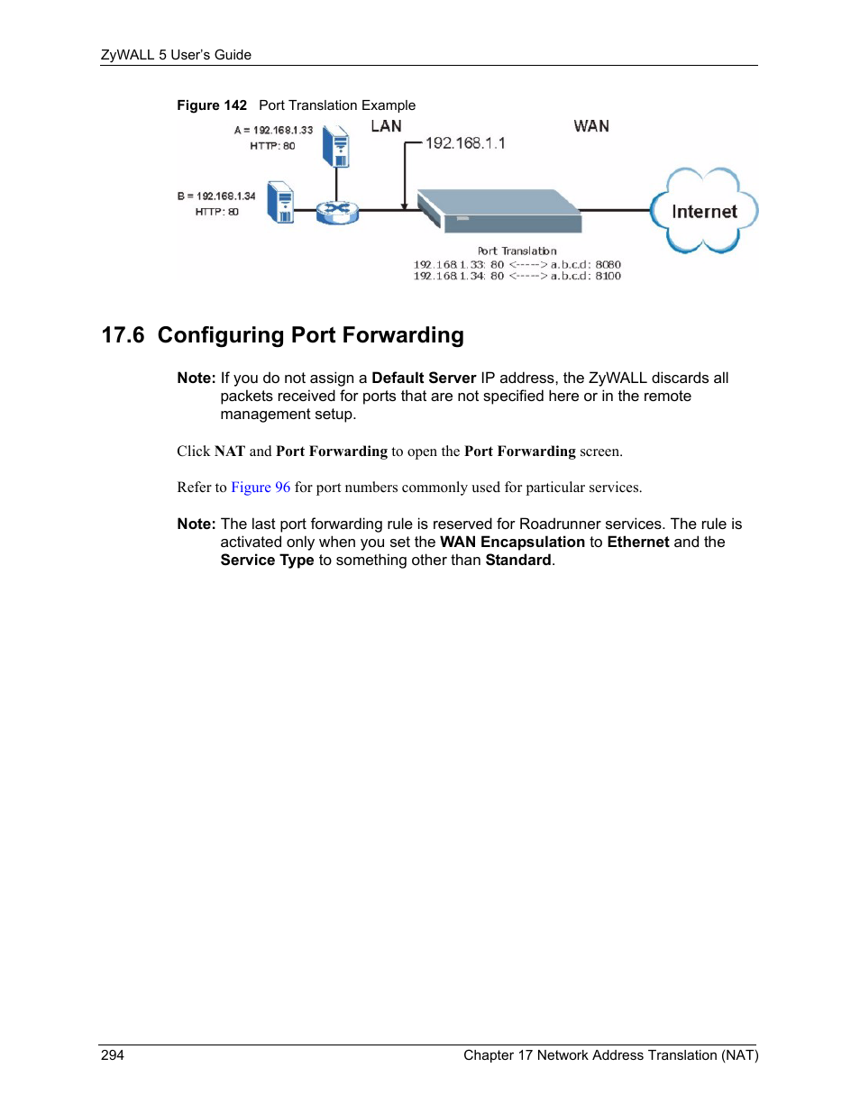 6 configuring port forwarding, Figure 142 port translation example | ZyXEL Communications ZyXEL ZyWALL 5 User Manual | Page 295 / 667