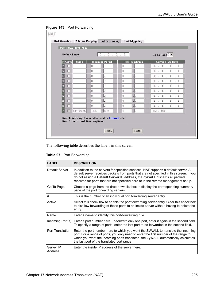 Figure 143 port forwarding, Table 97 port forwarding | ZyXEL Communications ZyXEL ZyWALL 5 User Manual | Page 296 / 667