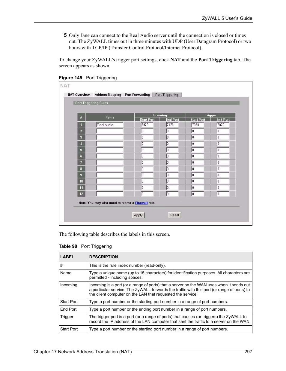 Figure 145 port triggering, Table 98 port triggering | ZyXEL Communications ZyXEL ZyWALL 5 User Manual | Page 298 / 667