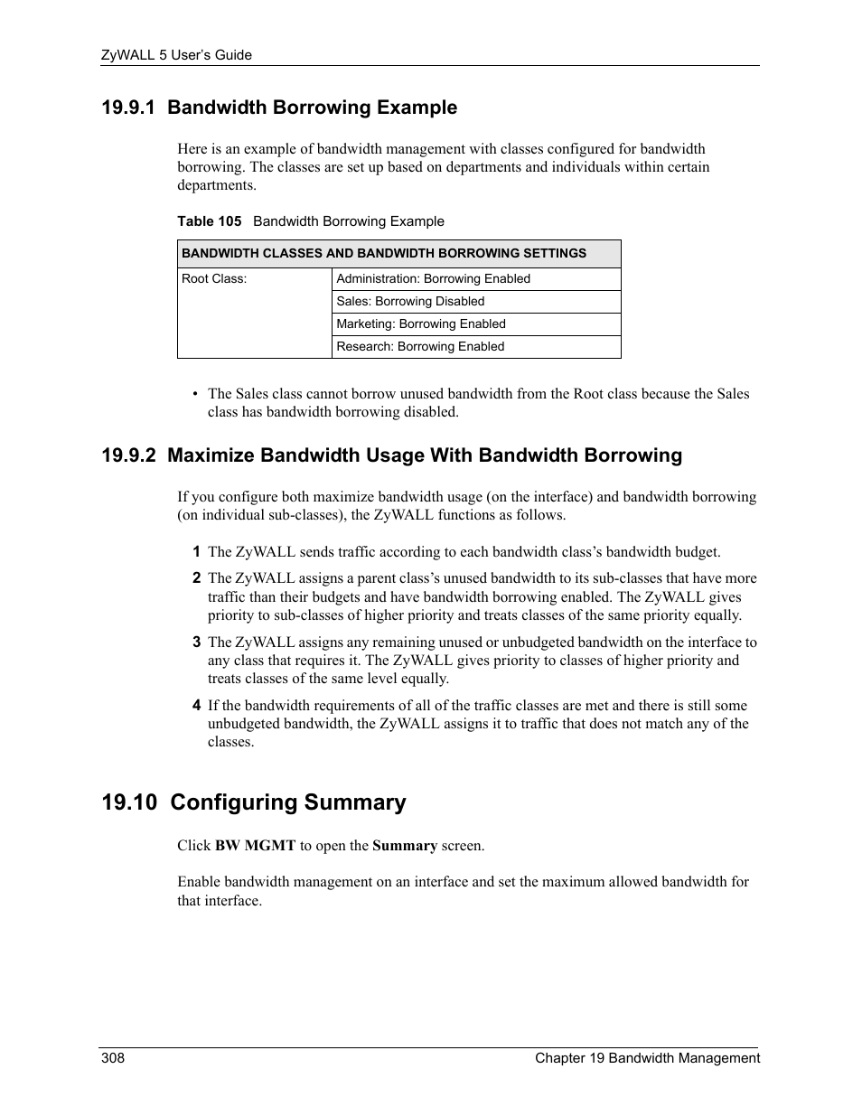 1 bandwidth borrowing example, 10 configuring summary, Table 105 bandwidth borrowing example | ZyXEL Communications ZyXEL ZyWALL 5 User Manual | Page 309 / 667