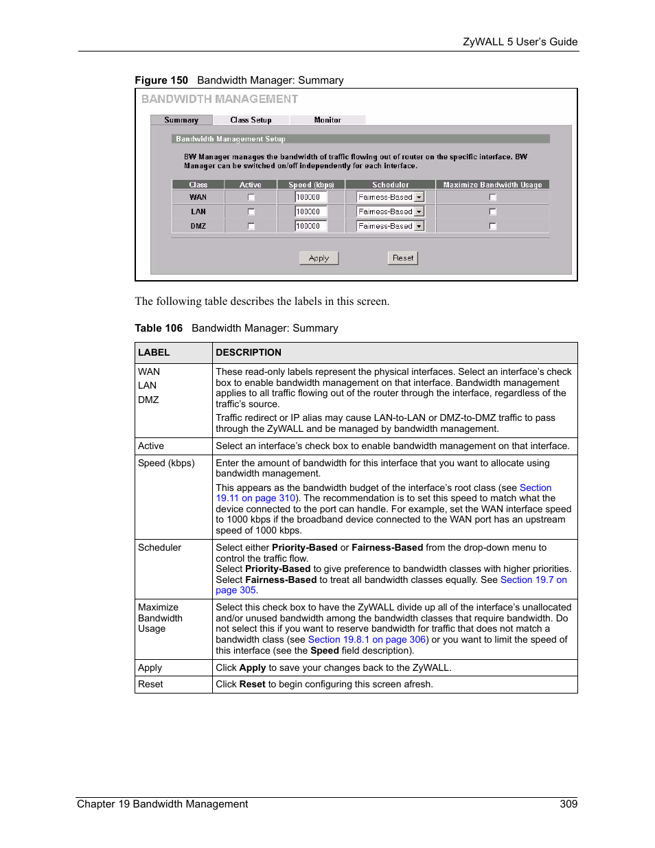 Figure 150 bandwidth manager: summary, Table 106 bandwidth manager: summary | ZyXEL Communications ZyXEL ZyWALL 5 User Manual | Page 310 / 667