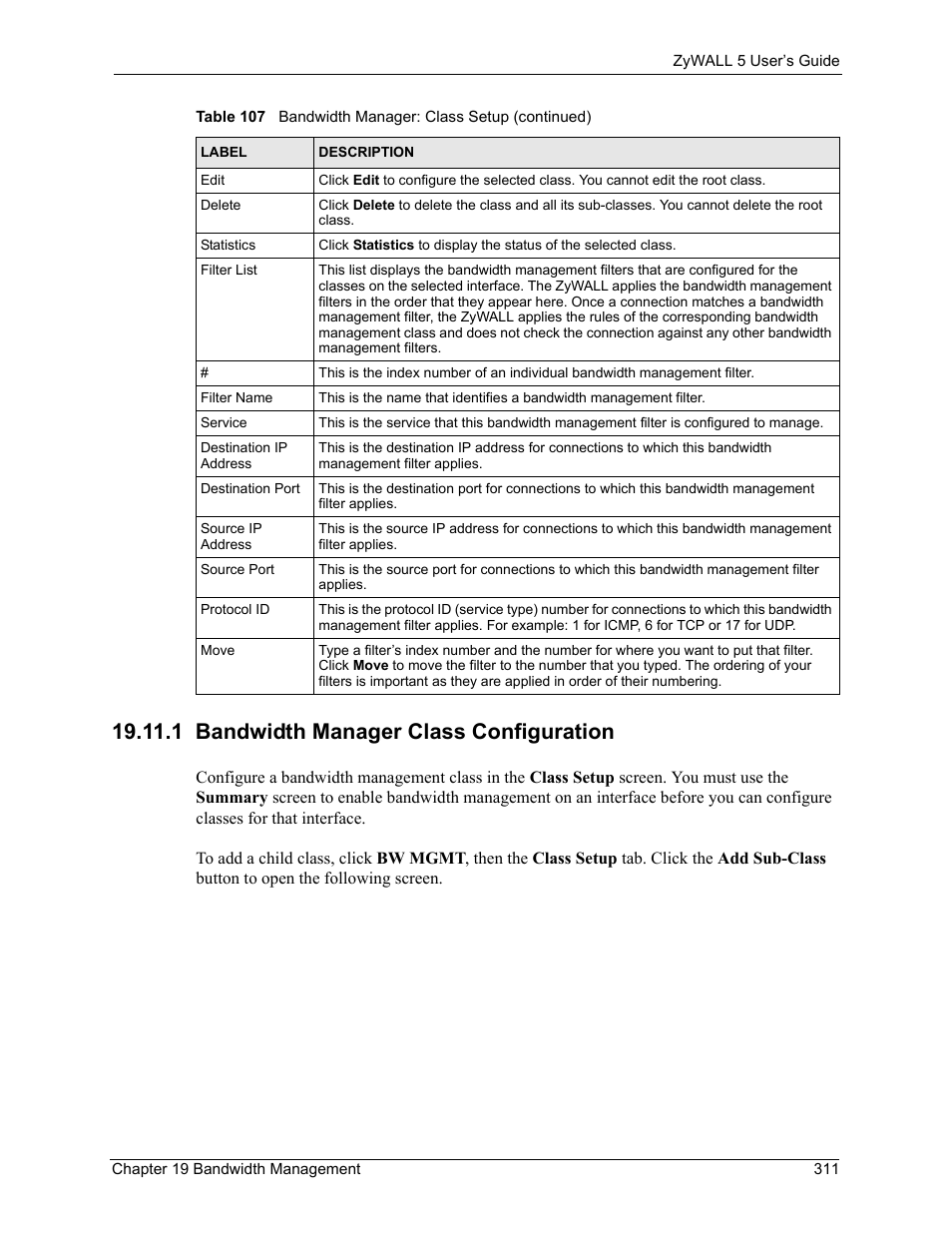 1 bandwidth manager class configuration, Section 19.11.1 | ZyXEL Communications ZyXEL ZyWALL 5 User Manual | Page 312 / 667