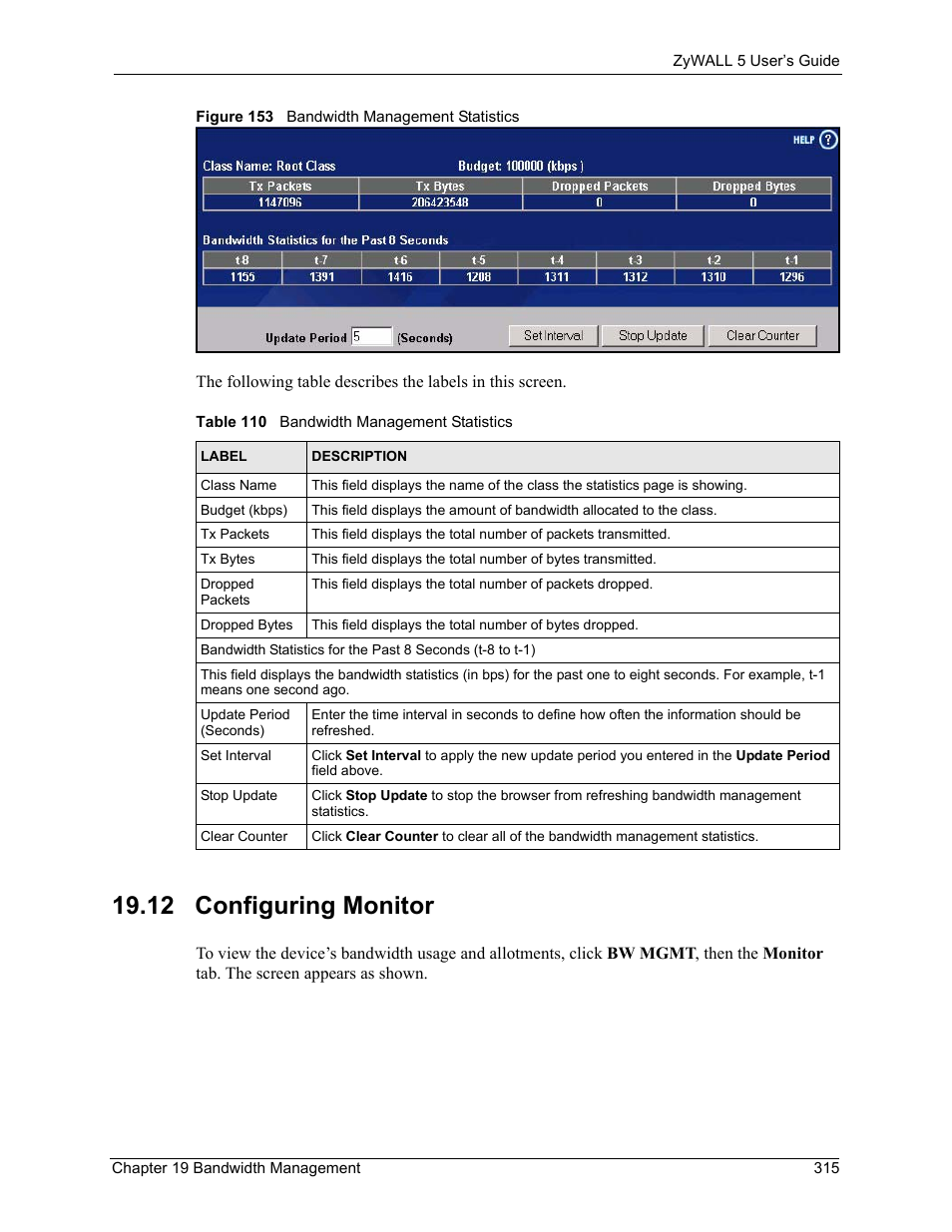 12 configuring monitor, Figure 153 bandwidth management statistics, Table 110 bandwidth management statistics | ZyXEL Communications ZyXEL ZyWALL 5 User Manual | Page 316 / 667