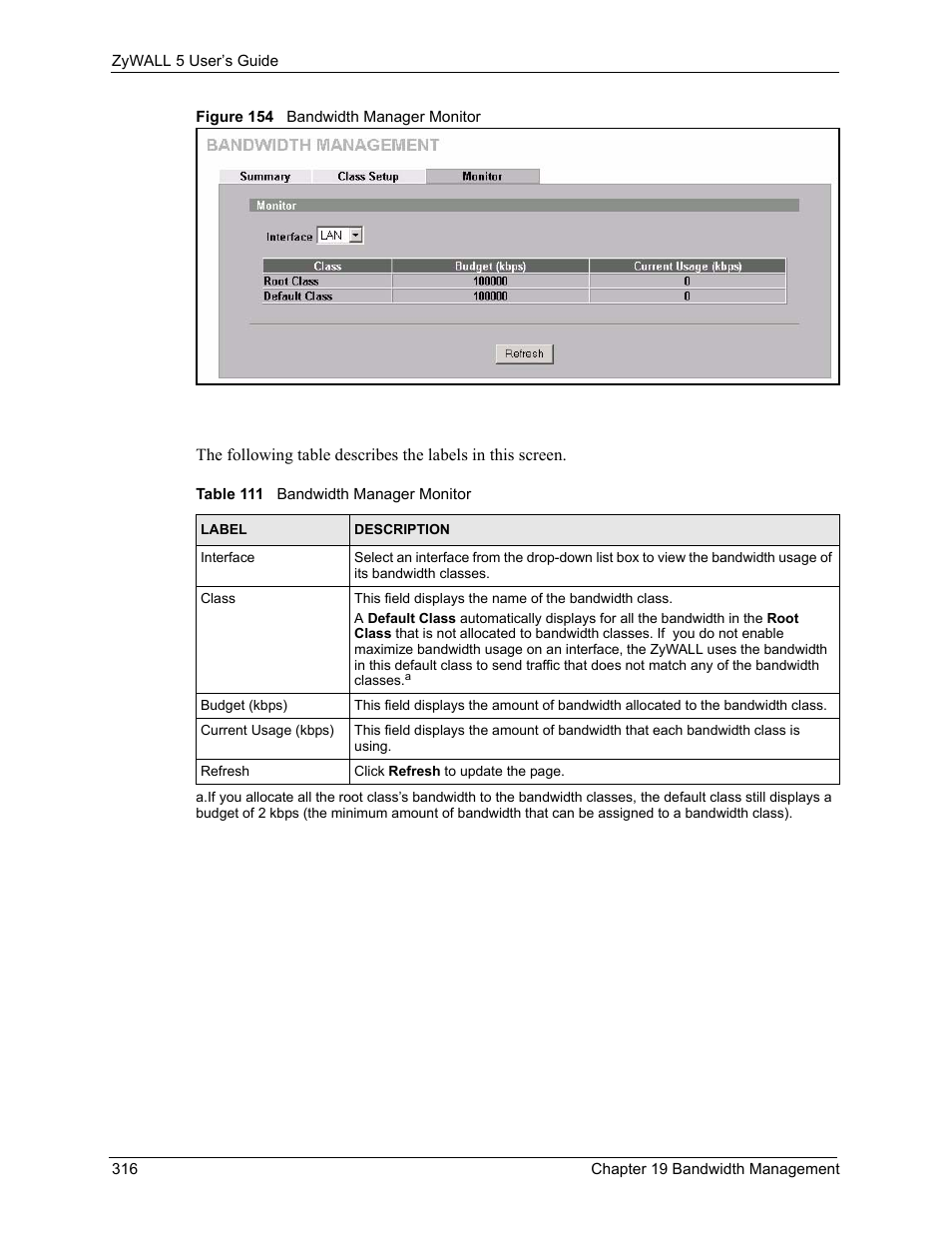 Figure 154 bandwidth manager monitor, Table 111 bandwidth manager monitor | ZyXEL Communications ZyXEL ZyWALL 5 User Manual | Page 317 / 667
