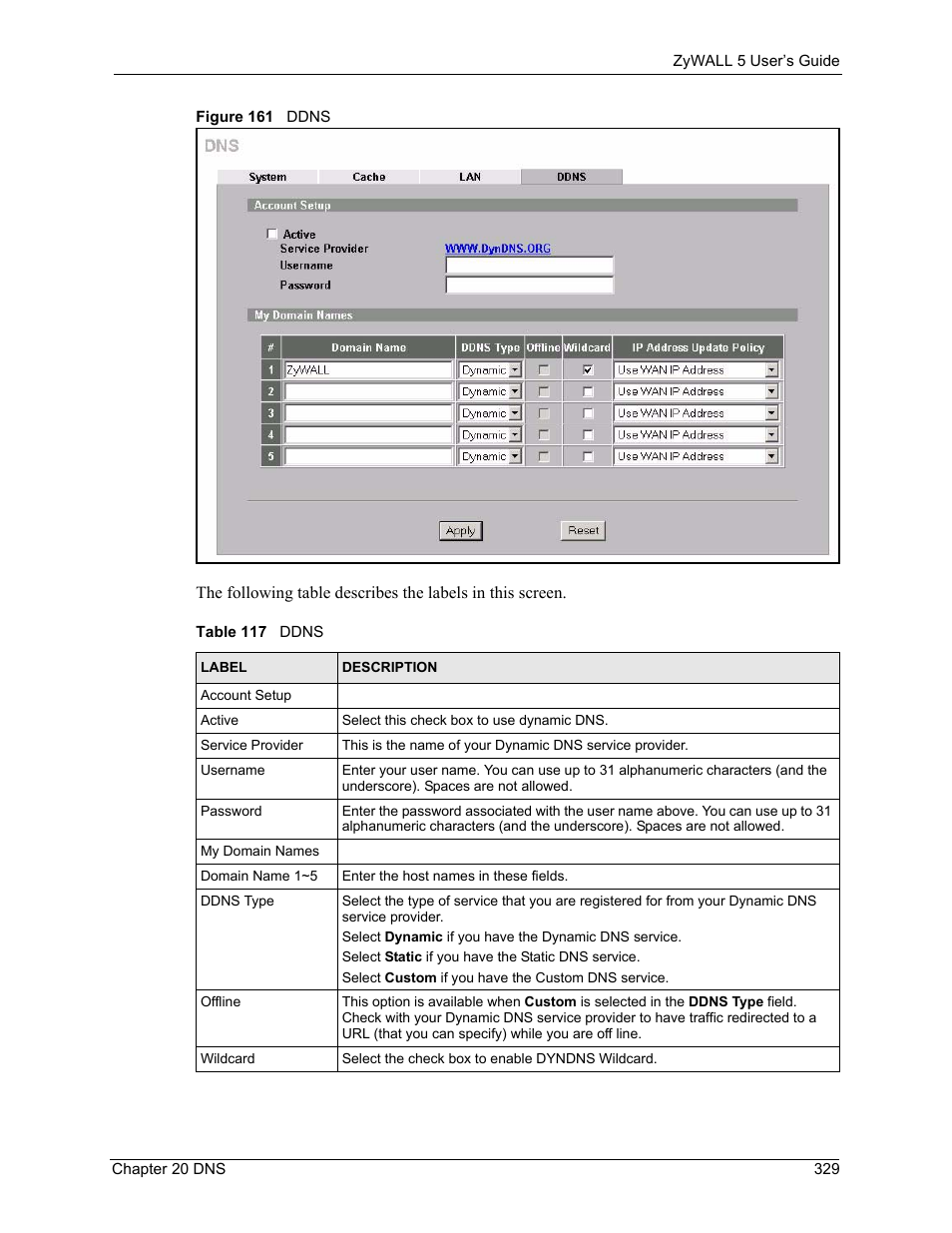 Figure 161 ddns, Table 117 ddns | ZyXEL Communications ZyXEL ZyWALL 5 User Manual | Page 330 / 667