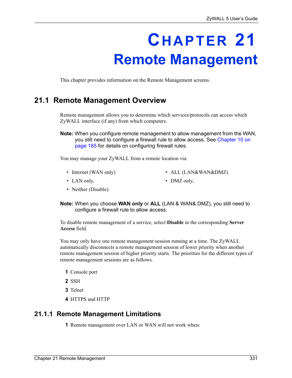 Remote management, 1 remote management overview, 1 remote management limitations | Chapter 21 remote management | ZyXEL Communications ZyXEL ZyWALL 5 User Manual | Page 332 / 667