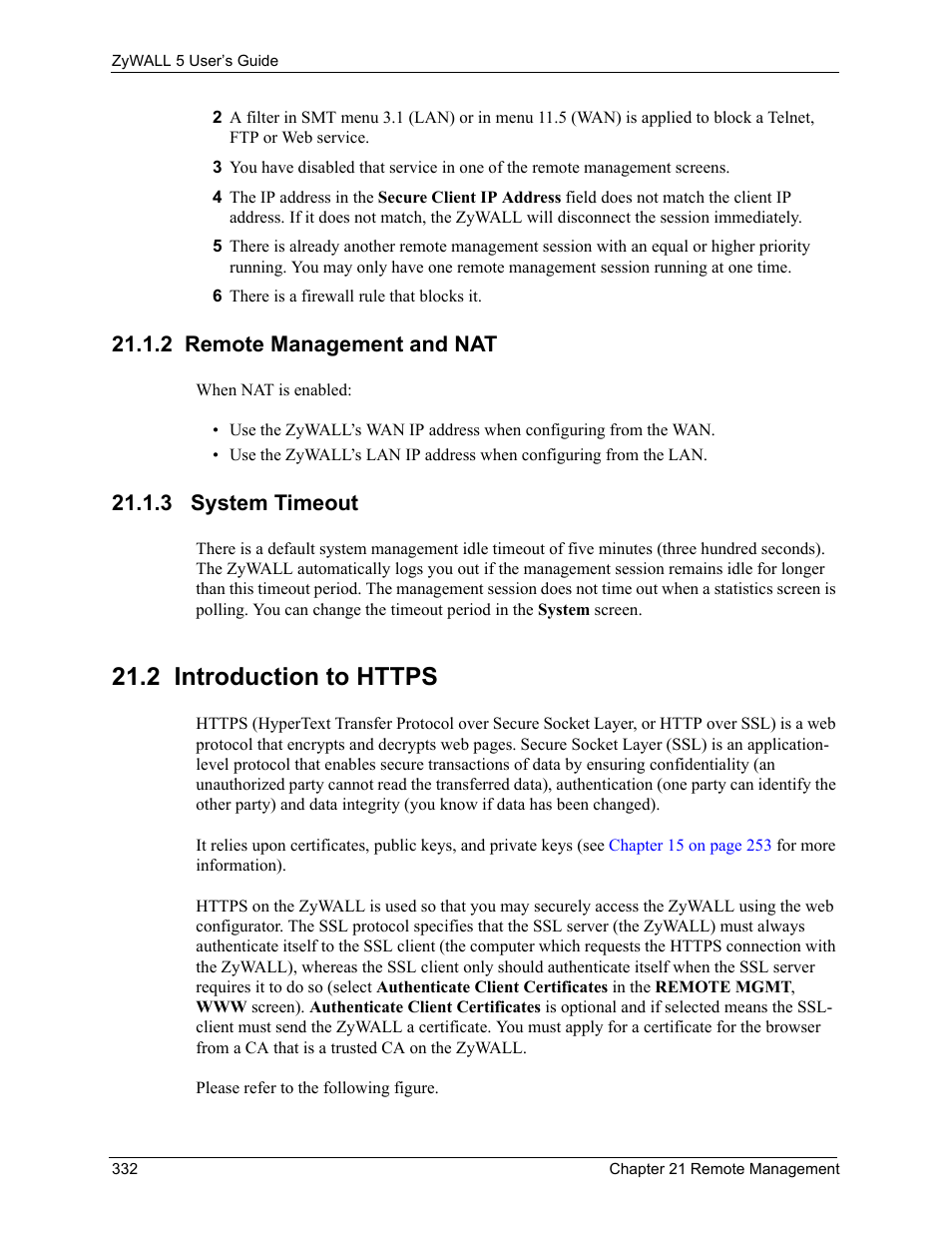 2 remote management and nat, 3 system timeout, 2 introduction to https | 2 remote management and nat 21.1.3 system timeout | ZyXEL Communications ZyXEL ZyWALL 5 User Manual | Page 333 / 667