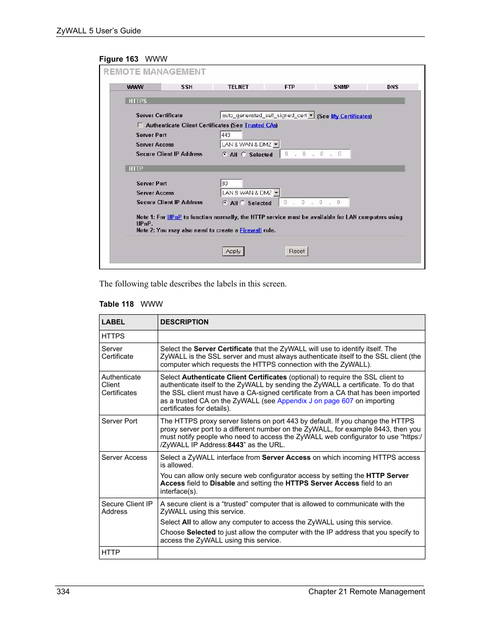 Figure 163 www, Table 118 www | ZyXEL Communications ZyXEL ZyWALL 5 User Manual | Page 335 / 667