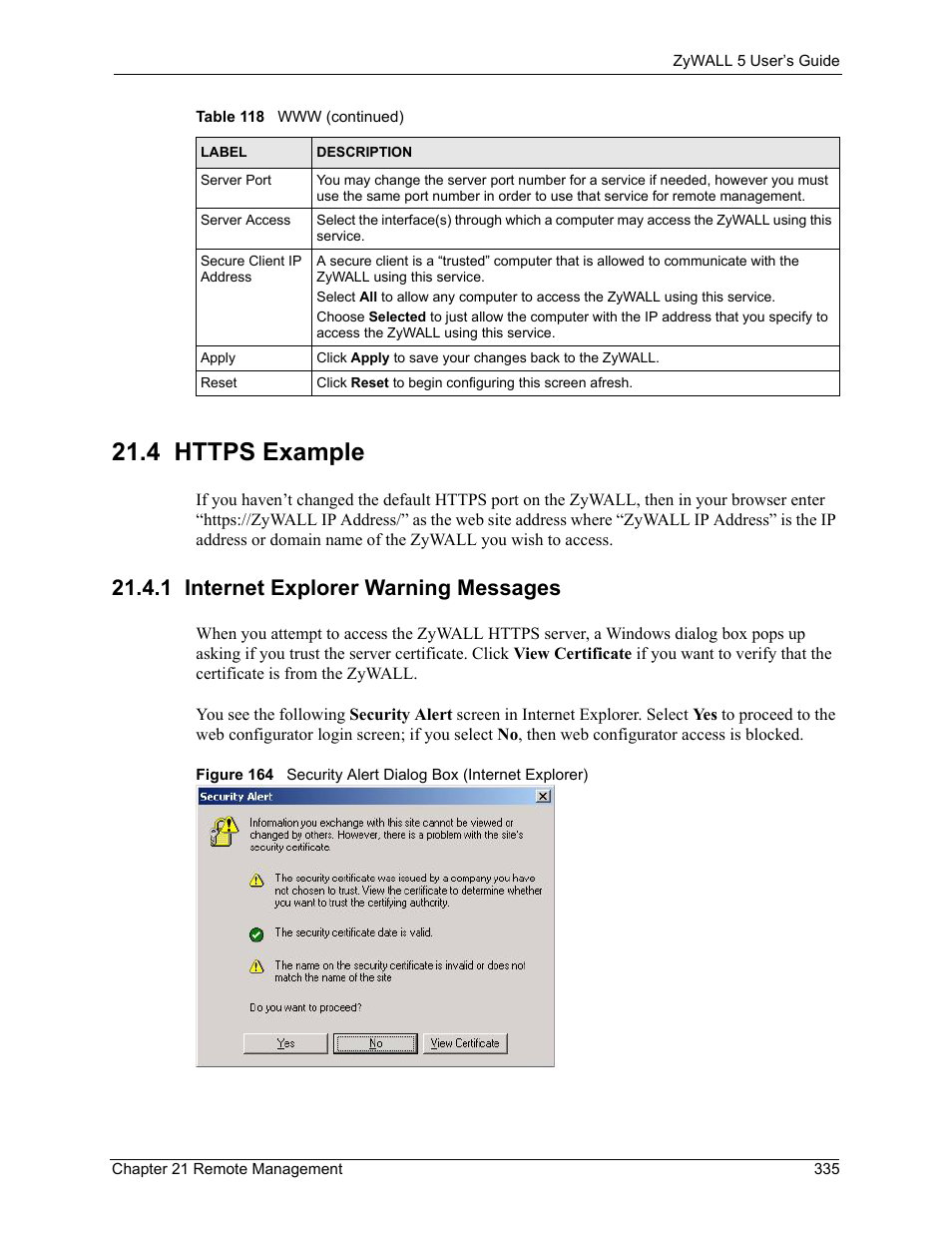 4 https example, 1 internet explorer warning messages | ZyXEL Communications ZyXEL ZyWALL 5 User Manual | Page 336 / 667