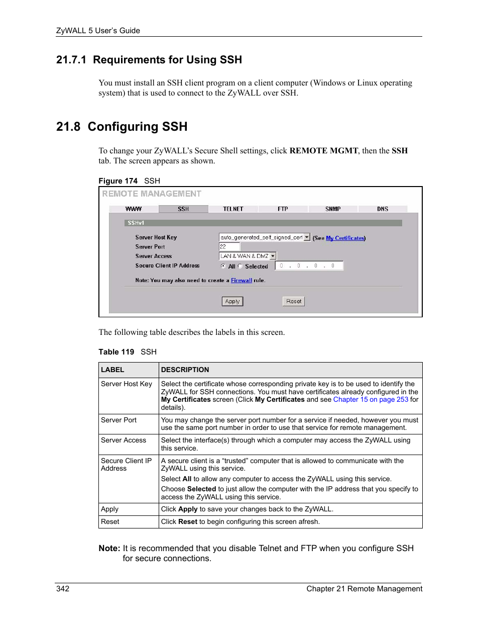 1 requirements for using ssh, 8 configuring ssh, Figure 174 ssh | Table 119 ssh | ZyXEL Communications ZyXEL ZyWALL 5 User Manual | Page 343 / 667