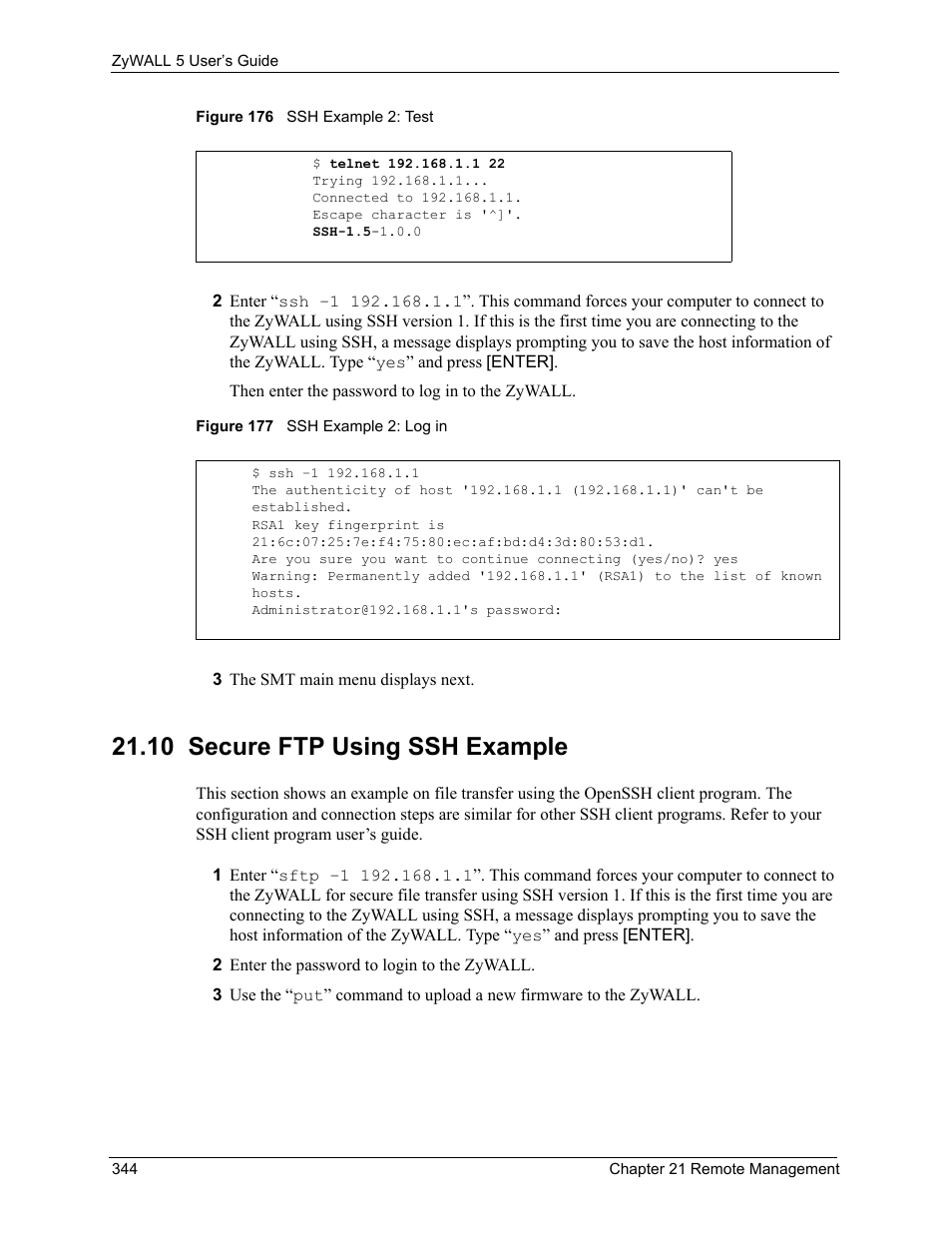 10 secure ftp using ssh example | ZyXEL Communications ZyXEL ZyWALL 5 User Manual | Page 345 / 667