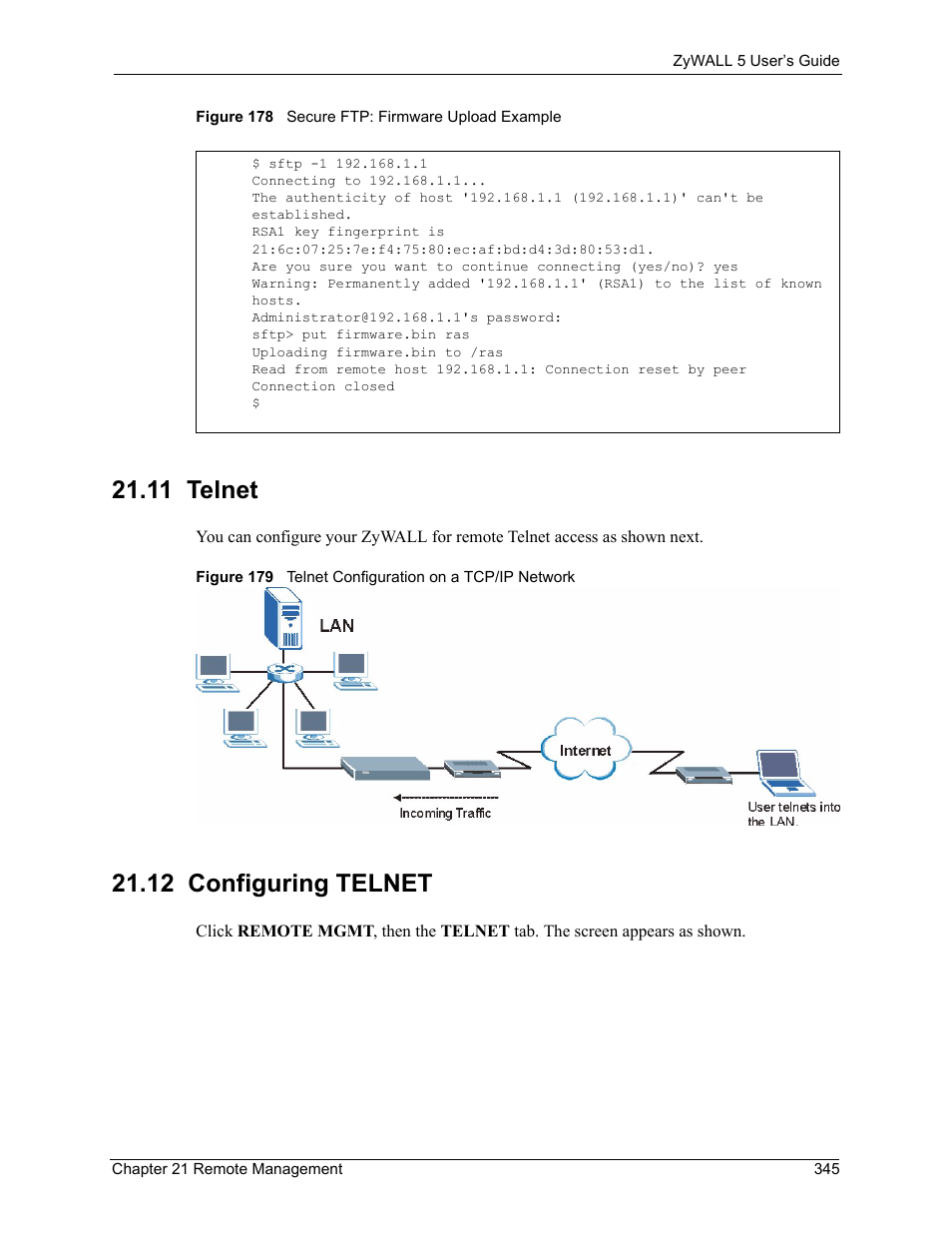 11 telnet, 12 configuring telnet, 11 telnet 21.12 configuring telnet | ZyXEL Communications ZyXEL ZyWALL 5 User Manual | Page 346 / 667