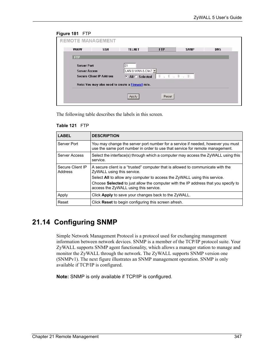 14 configuring snmp, Figure 181 ftp, Table 121 ftp | ZyXEL Communications ZyXEL ZyWALL 5 User Manual | Page 348 / 667