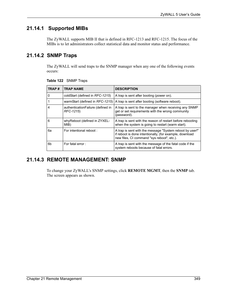 1 supported mibs, 2 snmp traps, 3 remote management: snmp | Table 122 snmp traps | ZyXEL Communications ZyXEL ZyWALL 5 User Manual | Page 350 / 667