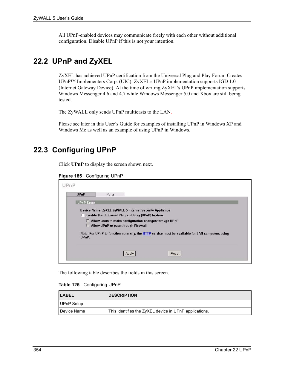 2 upnp and zyxel, 3 configuring upnp, 2 upnp and zyxel 22.3 configuring upnp | Figure 185 configuring upnp, Table 125 configuring upnp | ZyXEL Communications ZyXEL ZyWALL 5 User Manual | Page 355 / 667