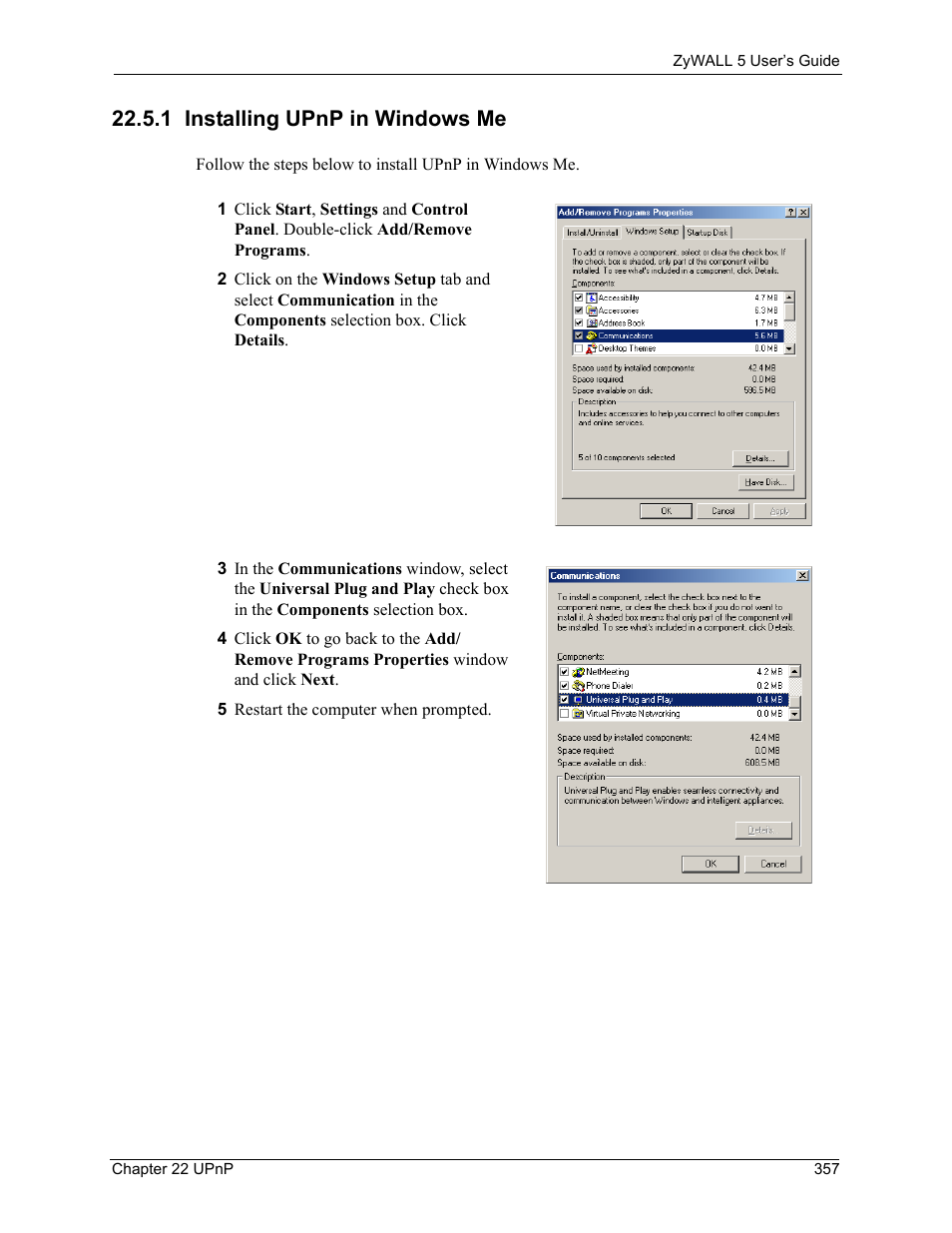 1 installing upnp in windows me | ZyXEL Communications ZyXEL ZyWALL 5 User Manual | Page 358 / 667