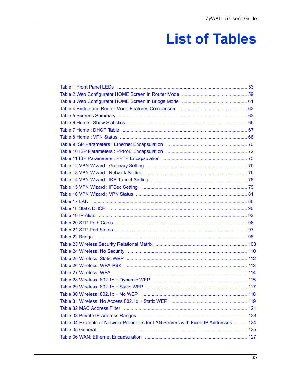 List of tables | ZyXEL Communications ZyXEL ZyWALL 5 User Manual | Page 36 / 667